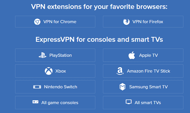 ExpressVpn支持浏览器插件，smart tvs 等终端设备