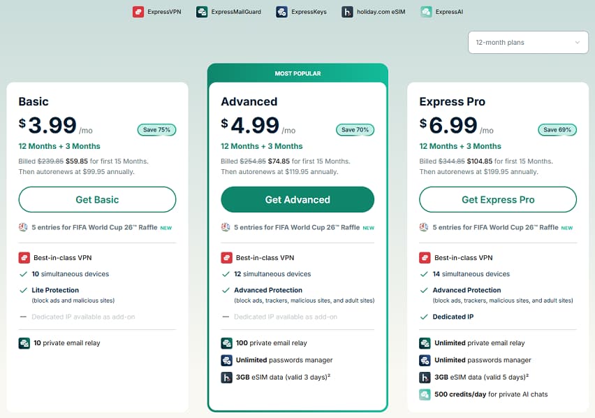expressvpn 1 年套餐计划