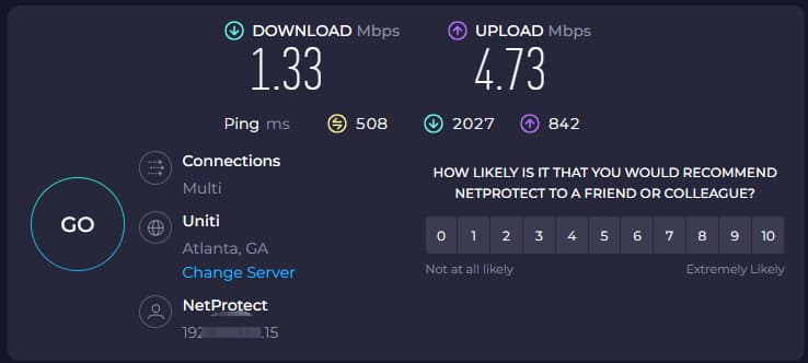 连接United States-Atlanta-str-oalt306节点后，使用在线speedtest进行测试