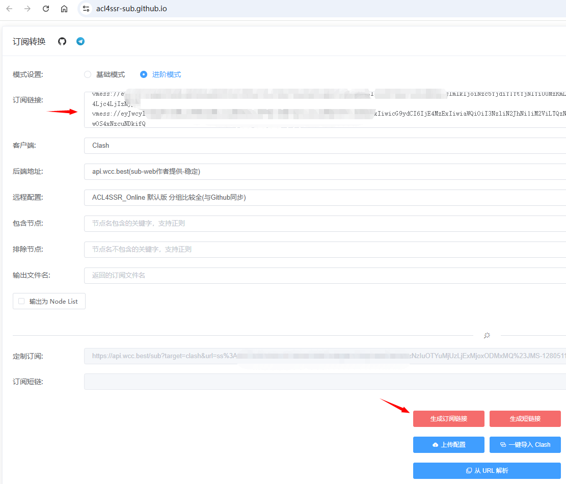 複製解碼後的節點信息到第三方clash訂閱轉換網站進行轉換
