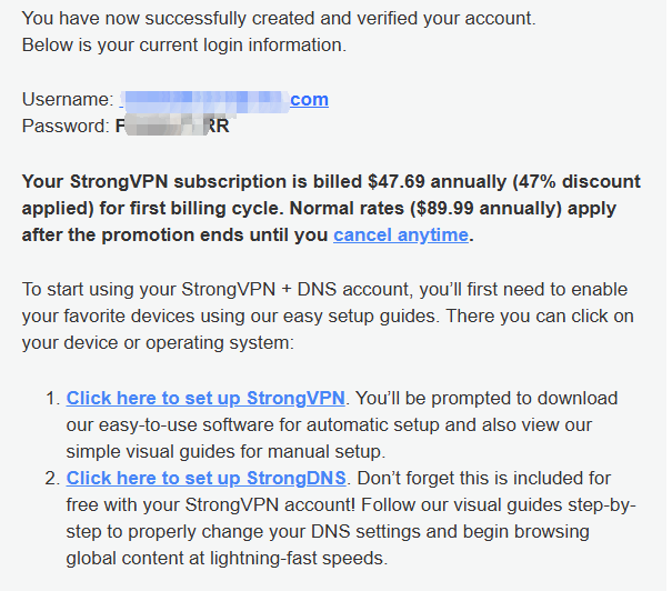 购买后，strongvpn会发送用户名、密码到你的注册邮箱