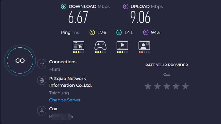使用中国台湾节点进行speedtest测速