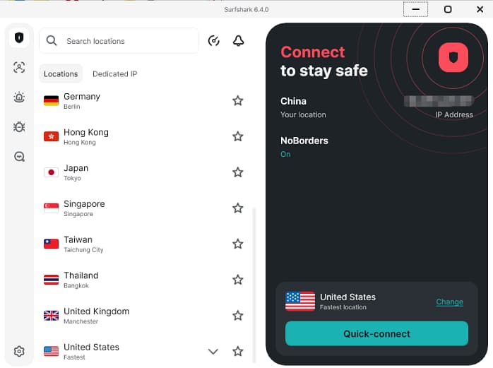 surfshark中国地区,支持9个节点可以正常连接使用