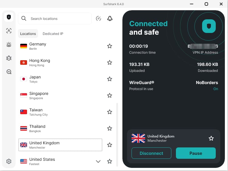 成功连接到surfshark英国节点