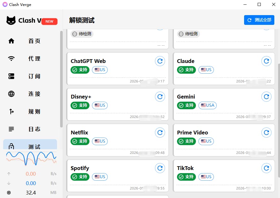 测试 ChatGPT Web、Claude、Disney+、Gemini、Netflix、Prime Video、Spotify、TikTok 同样均支持