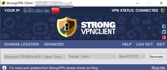 window下strongvpn成功连上葡萄牙节点