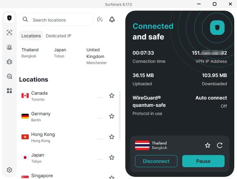 window下使用中国联通网络，surfshark 成功连接到泰国节点